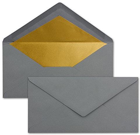 25 Brief-Umschläge DIN Lang - Graphit/Dunkel-Grau mit Gold-Metallic Innen-Futter - 110 x 220 mm - Nassklebung - festliche Kuverts für Weihnachten