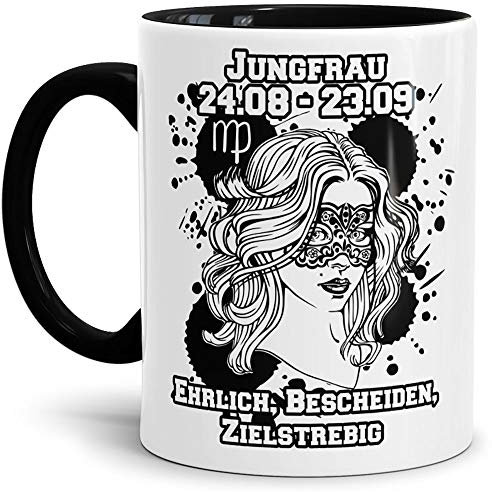 Sternzeichen-Tasse Jungfrau - Innen & Henkel Schwarz - Geburtstag/Astronomie/Sternen-bilder/mit Spruch/Witzig/Kaffeetasse/Mug/Cup - Qualität Made in Germany