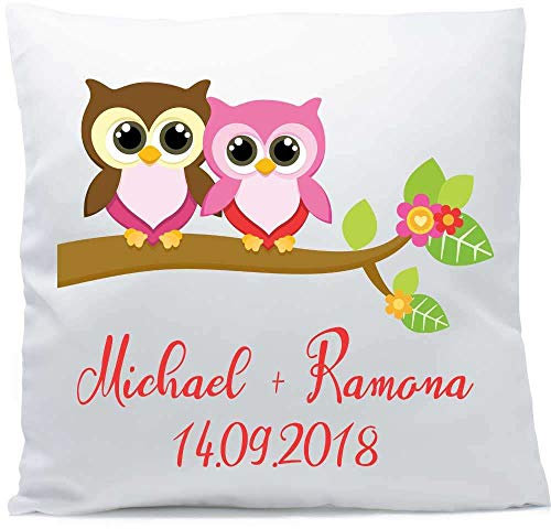 SL-Store GbR Kissen mit Namen Hochzeit Eulen 40x40 cm inkl. Füllung Kuschelkissen Liebe Jahrestag, Kissen Farbe:Vorderseite + RS weiß strukturierte Oberfläche