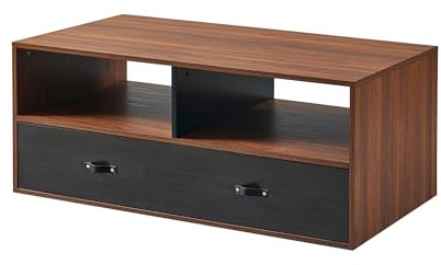 Teamson Home Modern Wooden Rectangular Coffee Table with Drawers and Storage with Leather Handle, Multi Function Coffee Table or TV Stand, Brown/Black