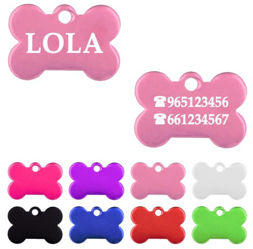 Ibera Gifts - Chapa Perro Grabada en Forma de Hueso, Placa Perro Personalizada para Perros y Gatos Muy Pequeños o Cachorros, Tamaño 22 x 15 mm, Chapa Identificativa Perro y Gato (Rosa)