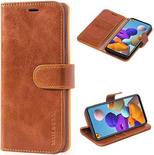 Mulbess Handytasche für Samsung Galaxy A21S Hülle, Ledertasche mit Bookstyle, Standfunktion, Kartenfächern Handyhülle, Vintage Cognac Braun