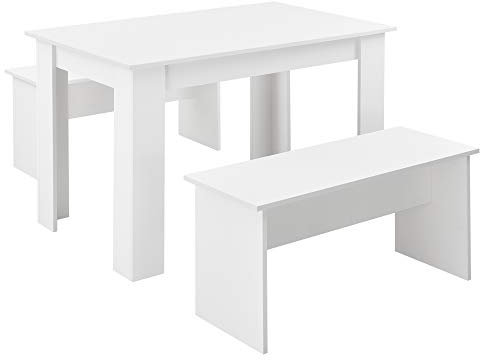 [en.casa] Tisch- und Bank Set 3 teilig Essgruppe für 4 Tisch 110 x 70 cm mit 2 Bänken Tischgruppe Sitzgruppe Weiß