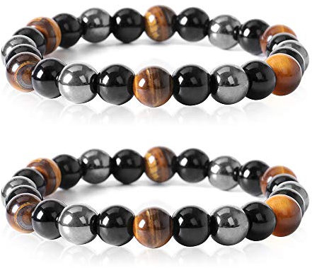 lohey 2 Pack Tigers Eye Crystal Bracelet, 8mm Hematite Beads & Black Obsidian Beaded Bracelets Chakra Bracelets Gifts for Women Men Friend Positivity Anxiety Relief Yoga