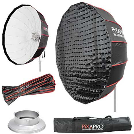 Pixapro 105cm 3ft Bowens S-Type Rice Bowl Softbox With Grid Easy-Open 16 Rods Circular Parabolic Soft Box Round Diffuser Studio Photo Key Light Portrait Product Photography (White)