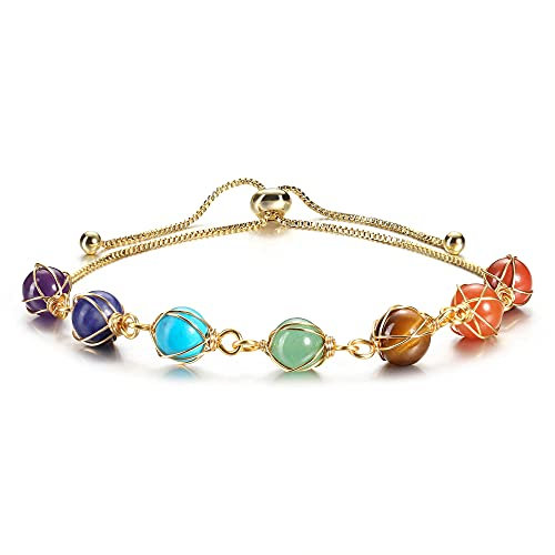 Jovivi Bracelet Chakra avec Chaîne Cuivre 14k Or Doré Retro DIY Pierre d’Energie Pierre Précieuses Extensible Bracelet Femme Filles