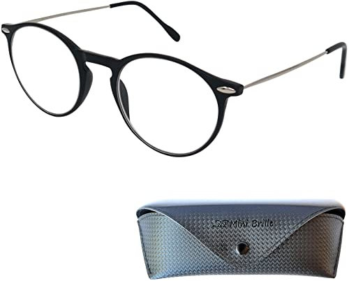 Leichte Lesebrille mit Runden Gläsern, Gratis Etui, Kunststoff Rahmen (Schwarz) mit Metall Bügeln, Lesehilfe Damen und Herren +2.0 Dioptrien