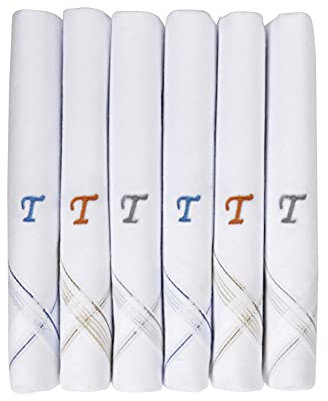 Caruso Italy Men's Initial Monogram T Embroidery 100% Pure Cotton Handkerchief White Base With Colored Border - Pack Of 6