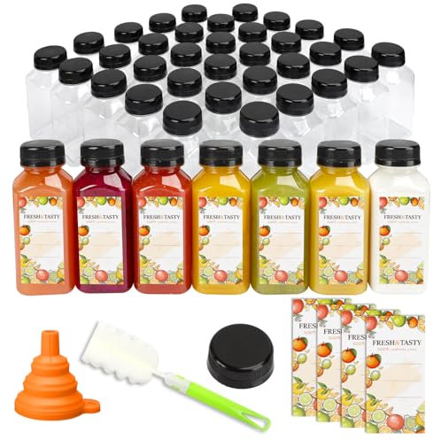 TOMNK 48pcs 8oz Plastic Juice Bottles with Black Caps Empty Reusable Clear Bottles with Label, Funnel and Brush Beverage Containers Bulk with Lids for Juicing, Smoothies, Fridge