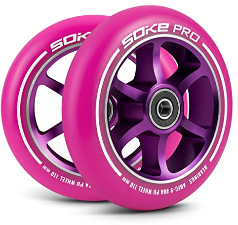 SOKE Rollerräder Set 2 Stück Durchmesser 110 mm Achse 8 mm Kugellager ABEC 9 Härte 88A Aluminium und PU für harte Oberflächen Pink