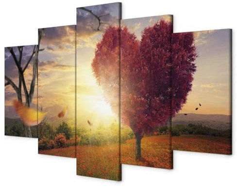 B&D XXL - Tableau décoratif paysage 150x75 cm - Impression sur toile colorée - Décoration murale - Bois arbres fleurs prairie forêt feuilles amour nature paysage plantes coeurs soleil c-C-0015-b-n