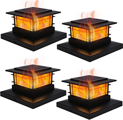 Dynaming 4 Pack Solar Flame Post Lights Outdoor, Solar Powered Fence Post Cap Lights, High Brightness Flickering Flame SMD LED Lighting Decor for Garden Deck Patio, 4x4, 5x5 or 6x6 Vinyl/Wooden Posts
