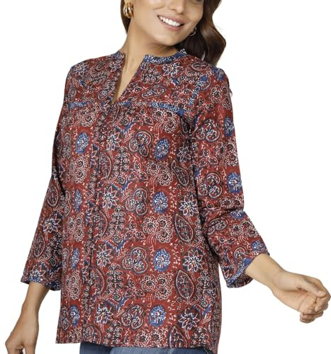 GURU SHOP Handbedruckte Bohobluse, Luftige Baumwollbluse - Rostrot, Damen, Size:L