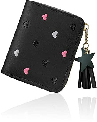 FuninCrea Portafoglio Donna con Ciondolo a Stella, Piccolo Donna Portafoglio con Cerniera, Solido Mini Portamonete Donne in Pelle PU, Portafoglio Ragazzae con Schema di Cuore da Ricamo (Nero)