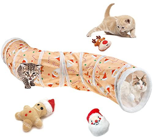 Vehomy 4-teiliges Weihnachts-Katzenspielzeug-Set – Katzen-Weihnachtstunnel, Kätzchen, Xmas S-Form, Röhrentunnel mit Ball, Katzenminze, Spielzeug, Katze, Lebkuchenmann, Weihnachtsmann, Elch