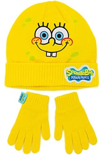 SPONGEBOB SQUAREPANTS Hut und Handschuhe Kinder gelbe gestrickte Winterleiste