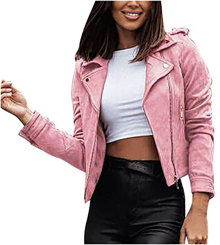 RKaixuni Veste courte tendance en daim synthétique pour femme avec fermeture éclair, rose, XL