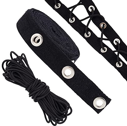 BENECREAT 3 Yard/2.74M 3/4 Zoll (20mm) Breites Schwarzes Baumwoll-Ösen-Twill-Klebeband Mit 10Yards/9M 1/8(3mm) Runden Geflochtenen Polyesterbändern Zum Nähen Und Basteln