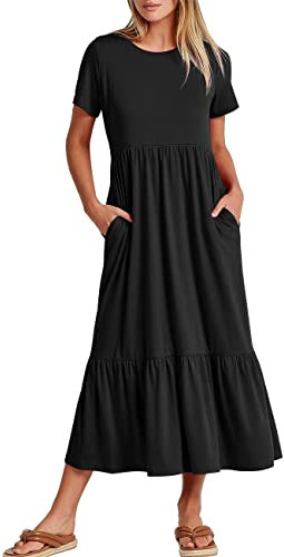 KOEMCY Damen Kleider Sommerkleid Kurzarm Kleider Blusekleid A-Linie Kleid Strandkleid Langes Kleid Maxikleid mit Taschen (Schwarz, XL)