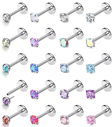 Krfy 20Stück 18G/20G Nasenpiercing Stecker 316L Chirurgenstahl Piercing Ohr Set Hypoallergen Tragus Piercing Silber Ohrstecker Labret Lippenpiercing Ohrpiercing Piercing für Damen