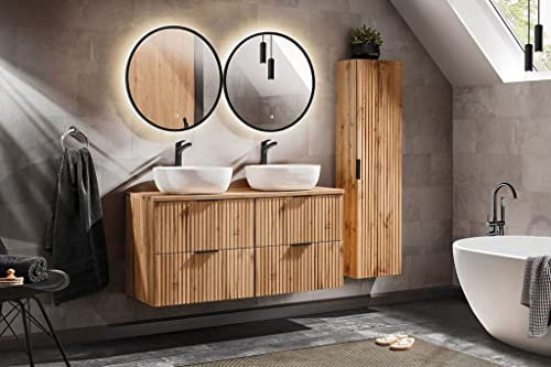 Ensemble Complet Salle De Bain Meuble Double Vasques à Poser 120 Cm + 3 éléments - Georgia Oak