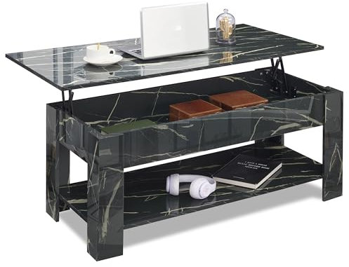 Blisswood High Gloss Lift Top Coffee Table With Storage, Coffee Table For Living Room Wooden Coffee Table With 1 Shelf Large Hidden Storage Lift-Top With 1 Shelf Sofa End Tea Table, Black Marble