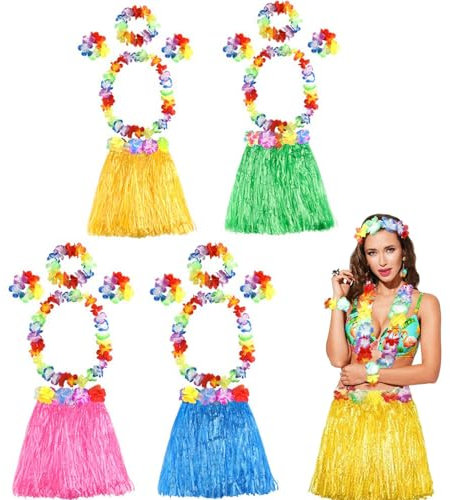 Norhogo 4 Stück Gras Röcke Hawaiian Hula Tropical Dance Rock mit Blume Armbänder Stirnband Halskette, für Partys, Tanzpartys, Bringen Sie Menschen zum Leuchten(Vier Farben)