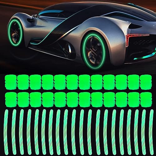 Leuchtende Reifen Ventilkappen, 24 Stück Autoventil Kappe Leuchtend und 20 Stück Reflektierende Felgenaufkleber, Fluoreszierende Autoreifen Ventilkappen, Grüne Ventilkappen für PKW, Fahrrad, Motorrad