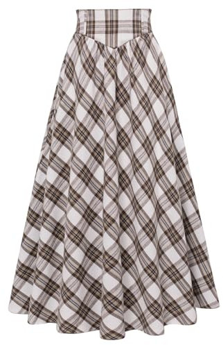 Damen Gothic Hexenrock Gesmokt Elastische Taille Herbst Maxi Corsage Rock Weiß Braun Plaid L