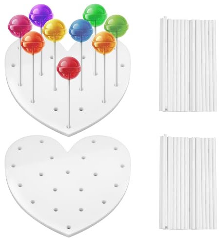 MytaYt 2 Stück Weiß Herzförmig Cake Pop Ständer 20 Löcher Acryl Cake Pop Halter Ständer Cakepopständer mit 100 Stück Cake Pop Stiele für Geburtstag Party, Hochzeit, Babypartys, Abschlussball
