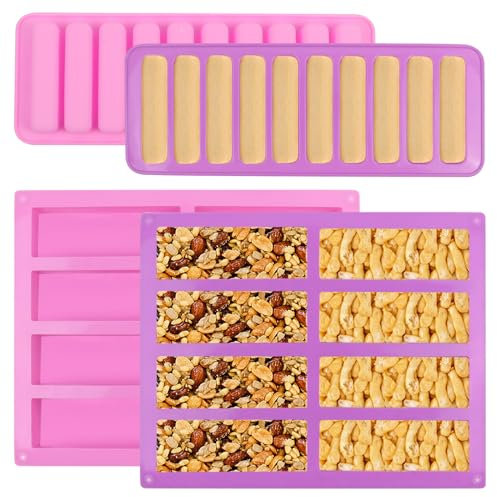 4PCS Moule Barre de Céréales, Durable Moule Tablette Chocolat, Antiadhésif Moule Silicone Rectangulaire, Moule de Cuisson en Silicone pour Cheesecake Pudding Bonbons Gelées Savon Beurre (Rose, Violet)