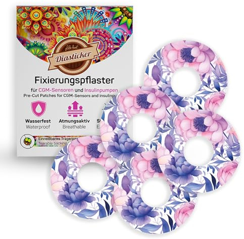 Diasticker® | Motiv-Pflaster für Freestyle Libre 3 Sensor (5 Stück, Purple Flowers) | Wasserfest - Hautfreundlich - Atmungsaktiv - Starker Halt | Selbstklebende Fixierpflaster, Sensor-Fixierung