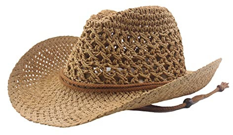 Sombrero de Cowboy de Paja para Hombre Mujer Sombrero Vaquero Western con Banda Cowgirl Hat Sombrero de Occidental Bush Hat Sombrero Visera de Verano Sombrero de Playa (Caqui)