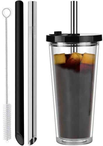 ALINK 24 Oz Iced Coffee Tumbler,Reusable Cup Leak Proof and Double Wall Insulated Bubble Tea Cups with Reusable Plastic and Metal Straws(Black)
