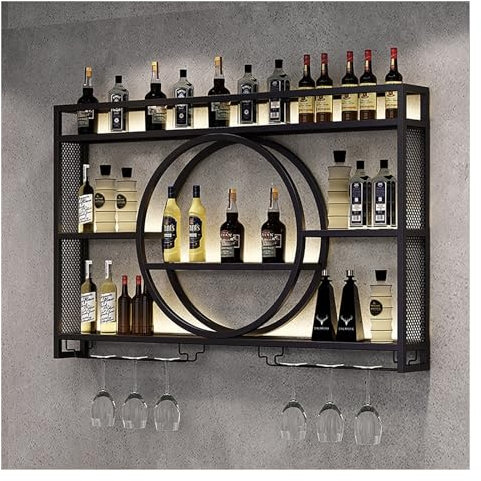 Porte-bouteille Mural Industriel Avec Lumière LED - Casier À Bouteilles En Fer - Étagère À Vin - Range-Bouteilles Pour Cave À Vin, Bar, Maison, Cuisine - Noir/Or ( Color : Black , Size : 120*15*80cm )