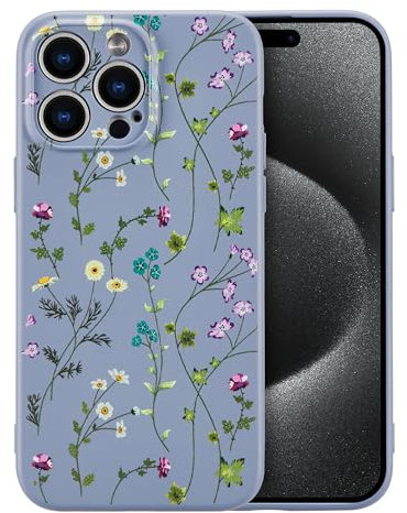 RALEAVO Blumen Handyhülle für iPhone 15 Pro, Hochwertiges Flüssig Silikon Stoßfeste Schutzhülle mit niedlichen Blumenmustern, Ultra Dünn mit Microfiber Matt Hülle für iPhone 15 Pro-Grau