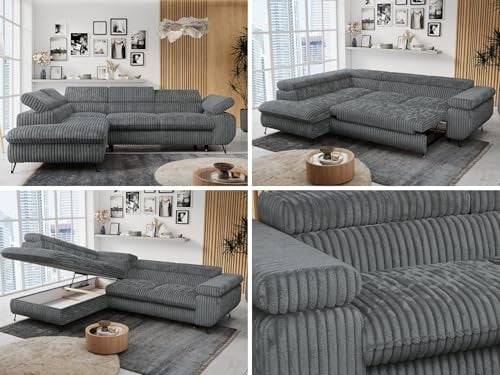 MKS MEBLE Ecksofa Cord Sofa Grau, Wohnlandschaft L-Form mit Schlaffunktion und Bettkasten, Schlafsofa mit Bettkasten, Sofa mit Einstellbare Kopfstützen, Peter L - Dunkelgrau Cord - Links Grau