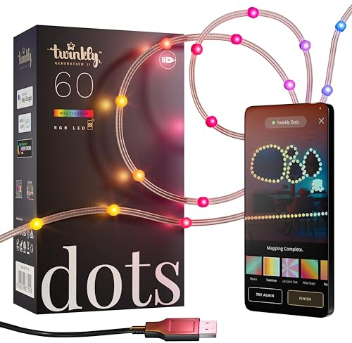 Twinkly Dots 3m, Mehrfarbiger und Flexibler LED-Streifen, Kompatibel mit Alexa und Google Home, Gaming-Lichter, Über 16 Mio. Farben, USB-betrieben, App-Steuerung, Schwarzes Kabel, 60 LEDs