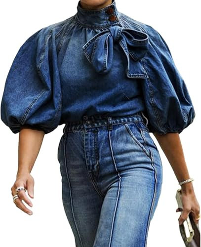 Goolecrimp Women's Bow Design Denim Pullover Top Button High Neck Fashion Jacket Elastic Sleeve and Puff Sleeve Casual Loose High Neck Temperament Jacket (Navy,XL)