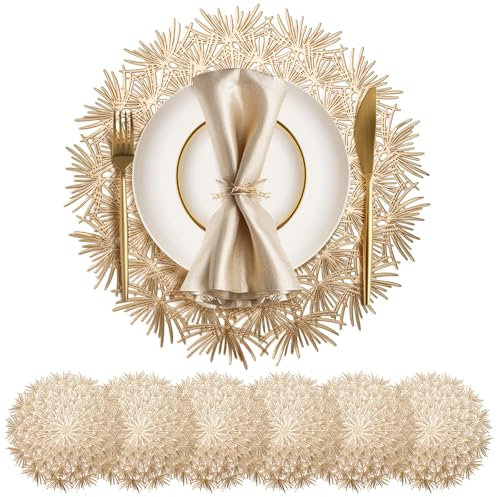 Set de Table Rond Lot de 6 Sets de Table Lavables 38cm Dessous De Table pour L'Isolation Thermique de L'Assiette et de la Décoration De Table Or