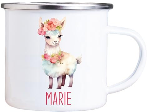 4youDesign Emaille Tasse Kinder personalisiert – Lama Blume – Alpaka Namenstasse – Geschenk für Jungen & Mädchen – Bruchsicher & Leicht – Geschenkidee zur Einschulung & Geburtstag - 300ml