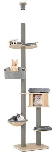COSTWAY 7 Tier Tall Cat Tower, Adjustable Height 255-280cm, Cat Condo, Scratching Posts, Cattail Basket Bed, Hammock, Climbing Activity Center for Indoor Cats
