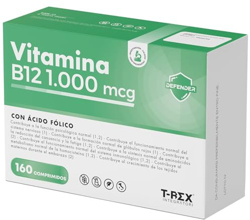 Vitamine B12 1000 mcg et Acide Folique 400 mcg 160 microcomprimés à Haute Dose - Cyanocobalamine et Folate Vegan pour la Fatigue Physique et Mentale - 5 Mois d'Approvisionnement