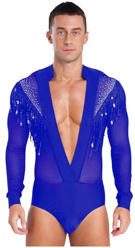 RUNQHUI Herren Transparent Tanz-Body V-Ausschnitt Gymnastikbody Ballsaal Samba Latein Body mit Mesh Langarm Performance Tanzkostüm Blau XL