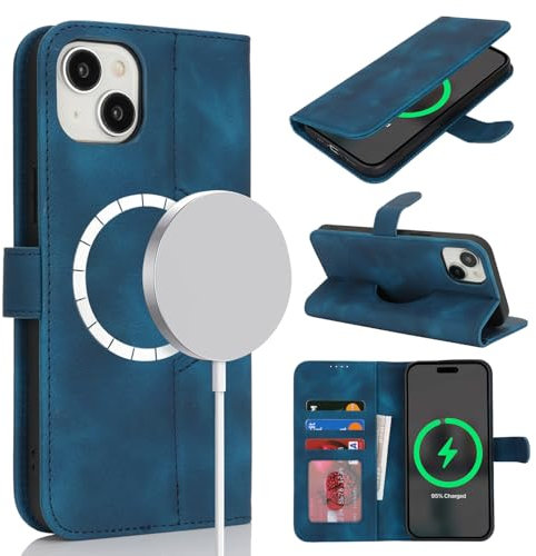 Zouzt Case for iPhone 15 (6.1), [Compatible with MagSafe] Magnetic PU Leather Wallet Case with Card Holders and Kickstand, Wireless Charging Flip Folio Phone Cover - Vintage Blue