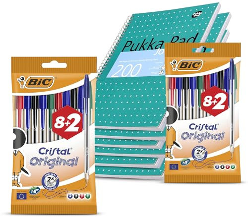 BIC - Paquete de 2 bolígrafos Cristal Originales, 20 colores surtidos, escritura duradera y 6 cuadernos Pukka Pad A5, 200 páginas con papel de 80 g/m² para la escuela y la oficina