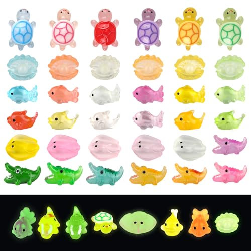 GHVACZS 60 Stück Leuchtende Mini Figuren, Mini Harz Tiere, Harz Figuren, Enthält Klein Turtles, Wale, Krokodile, Perlenmuscheln, Goldfische, Teufelsfische für Miniaturlandschaften Deko