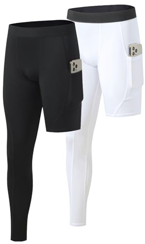 Towintec Herr One Leg Kompression Strumpbyxor med fickor Leggings Running Snabbtorkande Tight Lätta andningsbara basketkalsonger Kompressionsbyxor Fitness Träning Gym, Svart+vit - rak lång, S