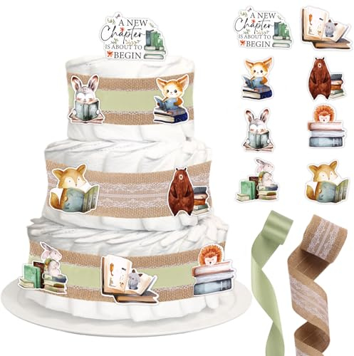 CORNER LACE Baby Shower Storybook Theme Diaper Cake Decorations, Birthday Welcome Baby Party Diaper Supplies Green, Include Ribbon, Animals Cake Cards(Diapers Not Included)