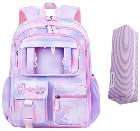 OYIWINMI Sac d'école pour fille 1 classe Ensemble 3 pièces cartable ergonomique ultra léger avec trousse en velours côtelé et porte-clés lapin en peluche Réflecteurs sûrs Étanche Sac d'école primaire